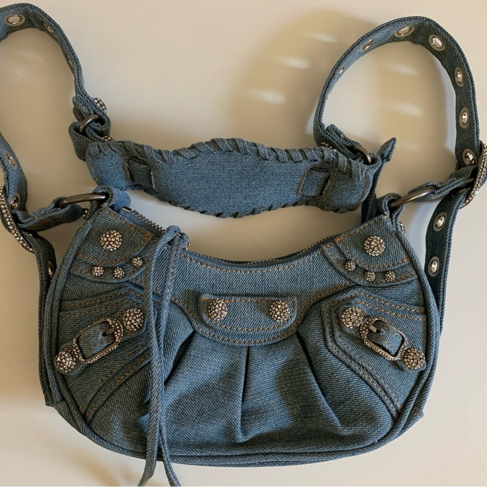 Motorcycle Denim Rivet Rhinestone Handbag w/ Heart Mirror Coin Purse and Strap